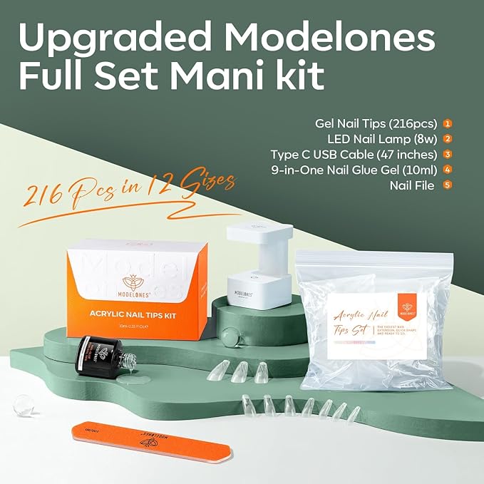modelones Medium Coffin Gel Nail Tips Kit, 9-in-One Nail Glue with Portable U V Lamp 216Pcs 12Sizes Pre-Etched Press ons Fake Acrylic Extension Kit DIY Salon Gift for Women