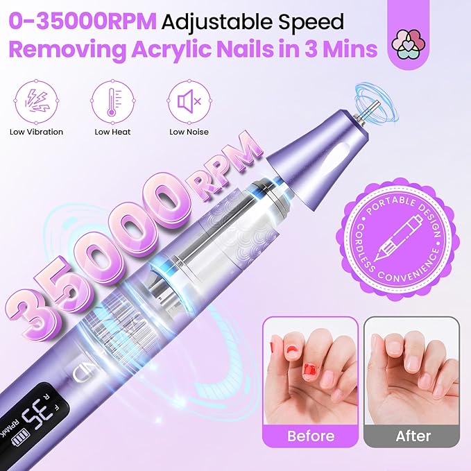SAVILAND Electric Nail Drill: 35000RPM Cordless Electric Nail File Portable Nail Drill Professional 0 Vibration Hight Speed for 3 Mins Removal Acrylic for Manicure Pedicure Nail Salon at Home（Purple）