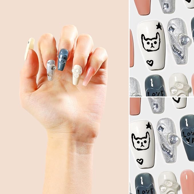 Sun&Beam Nails Handmade Press-on Medium Long Coffin Ballerina White Pink False Nail Tips Hand-Painted Cat Dog Design Fashionable Artificial 10 Pcs Set (#150 S)