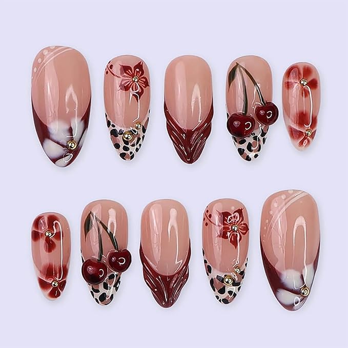 French Tip Press on Nails Medium Almond MABKJLF Fake Nails 3D False Nails with Flower Cherry Leopard Print Gold Ball Designs Glossy Glue on Nail Full Cover Acrylic Nails for Women Girls 30Pcs