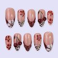 French Tip Press on Nails Medium Almond MABKJLF Fake Nails 3D False Nails with Flower Cherry Leopard Print Gold Ball Designs Glossy Glue on Nail Full Cover Acrylic Nails for Women Girls 30Pcs