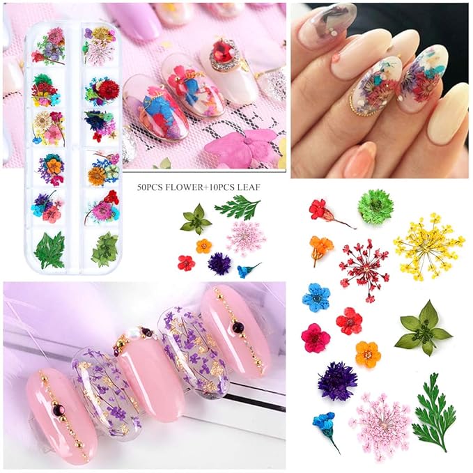 86 Pcs Dried Flowers Nail Art 51 Colors 3D Dry Flowers for Nails 2 Boxes Small Tiny Dried Flowers for Nail Art Little Pressed Real Natural Flower Nail Art Design Decoration Supplies