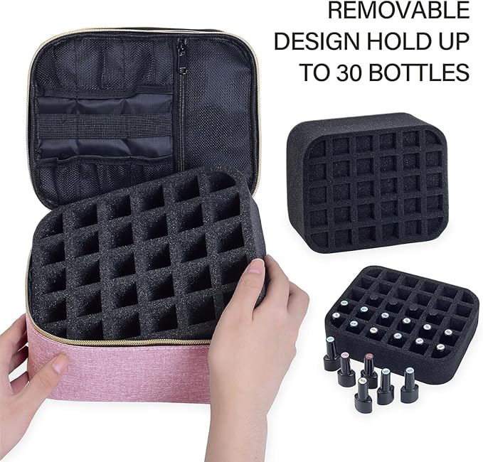 Nail Polish Organizer, Handheld Double Layer Nail Polish Storage with Adjustable Dividers, Holds 30 Bottles (15ml/0.5 fl.oz) for Nail Polish Lamp Manicure Tools and Essential Oil, Pink