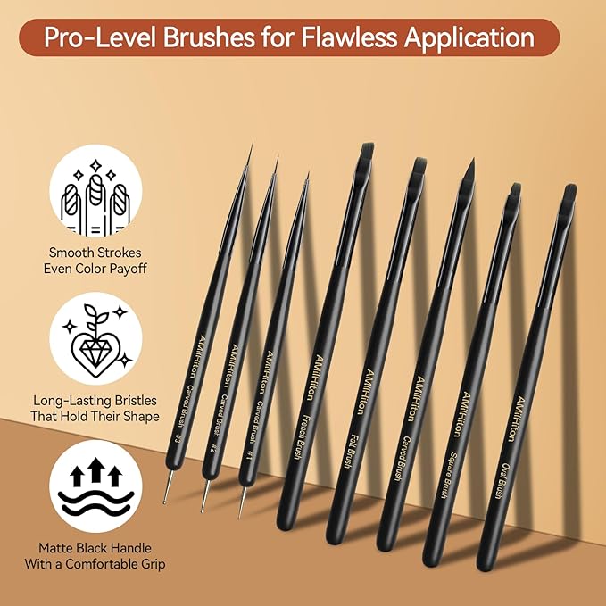 8PCS Nail Art Brush Set for Gel & Acrylic – French Tip, Flat, Oval & Carved Liner Brushes with Dotting Tools, Professional Builder Poly Gel Nail Design Kit