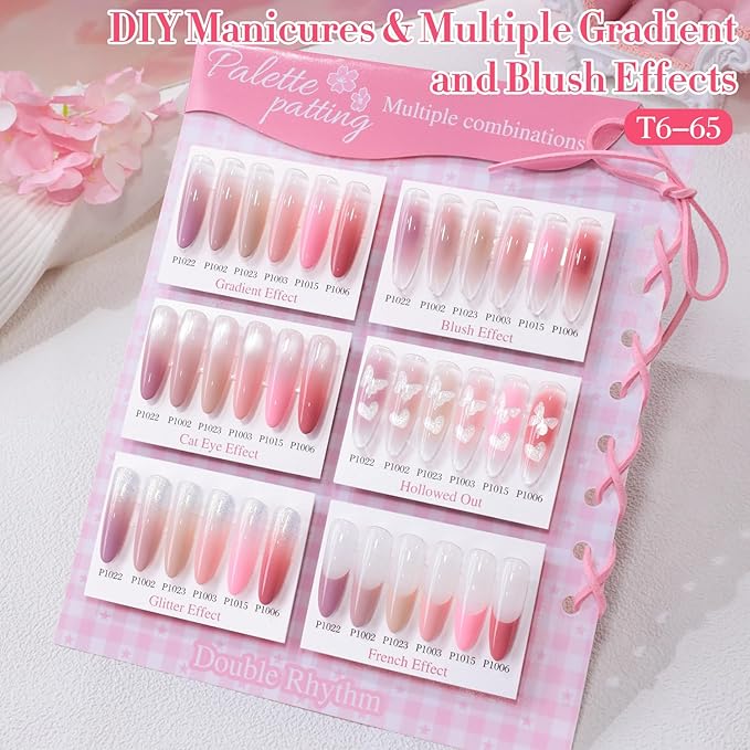 Double Rhythm Painting Gel Polish Set for Nail Art Palette Patting Gel Polish 6 Colors with 100 Pcs Sponges and Grabbing Pen (Nude Pink Purple Rose-T6-65)