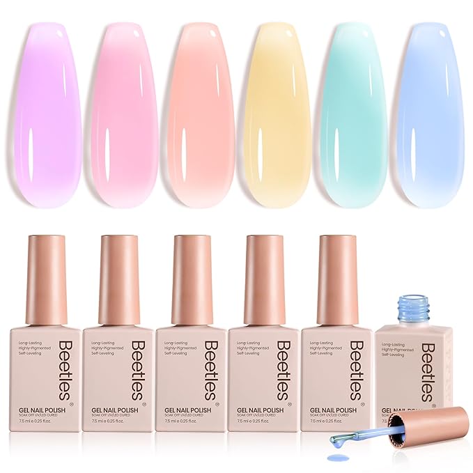 Beetles Pastel Gel Nail Polish Set - 6 Colors Spring Jelly Gel Polish Kit Pink Blue Purple Orange Yellow Green Sheer Translucent Effect Soak Off UV Macaron Dream Nail Art DIY Gift for Women