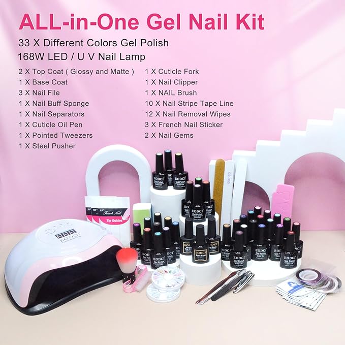 76 PCS Gel Nail Polish Kit with U V Light, 33 Colors Gel Nail Orange Brown Red Nail Polish Set 168W Nail Lamp, No Wipe Base Top Coat & Manicure Tools Starter Kit DIY Home Salon Gifts