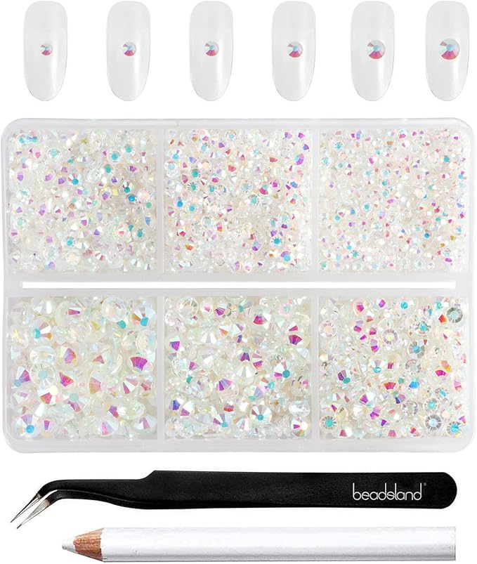 Beadsland 4300pcs Flatback Rhinestones,Transparent AB Rhinestone Nail Gems Round Crystal Rhinestones for Crafts,Mixed 6 Sizes with Picking Tweezers and Wax Pencil Kit, SS6-SS20,Transparent AB