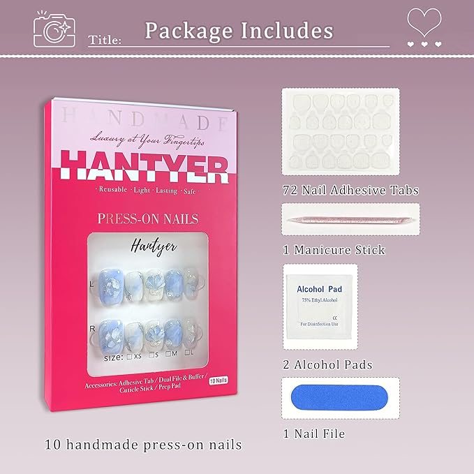 Press on Nails, Short Coffin Fake Nails, Blue Marble & Hand-Painted Silver Streaks, Icy Blue Glittering Nails, Handmade Nails Sweet Style for Office, Holiday Parties & Special Events(Size L)