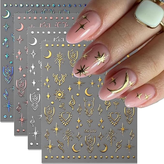 Moon Star Nail Stickers for Nail Art Metallic Sun Totem Nail Decals Holographic Laser Gold Silver Nail Stickers Sun Stars Moon Heart Boho Nail Art Designs Decals for Women Manicure 8 Sheets…