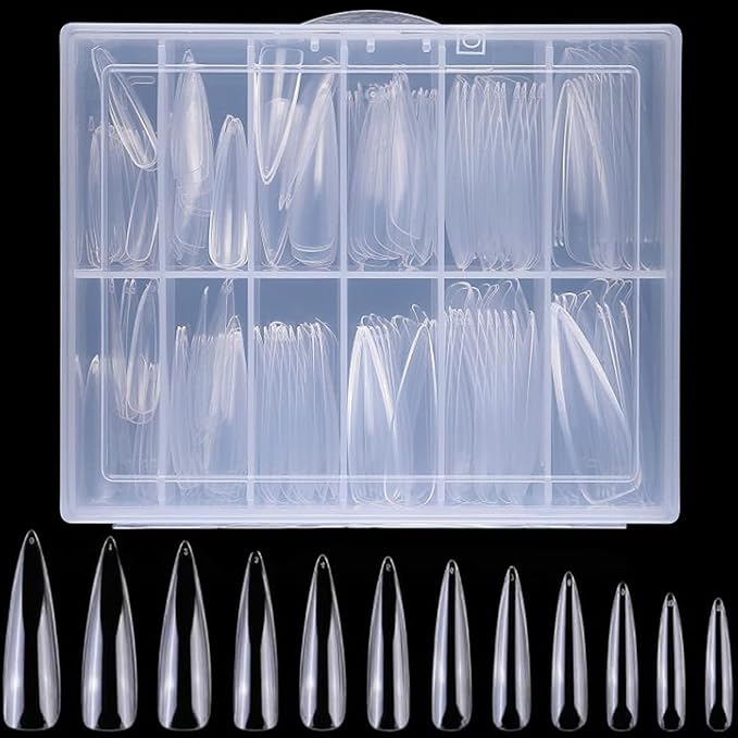 LoveOurHome 240pc Long Stiletto Nail Tips XL Clear Acrylic False Nails Pointy Stiletto Artificial Fake Nail Art Tips Full Cover 12 Size Manicure DIY Fingernails Design Nail Decor for Women Girls
