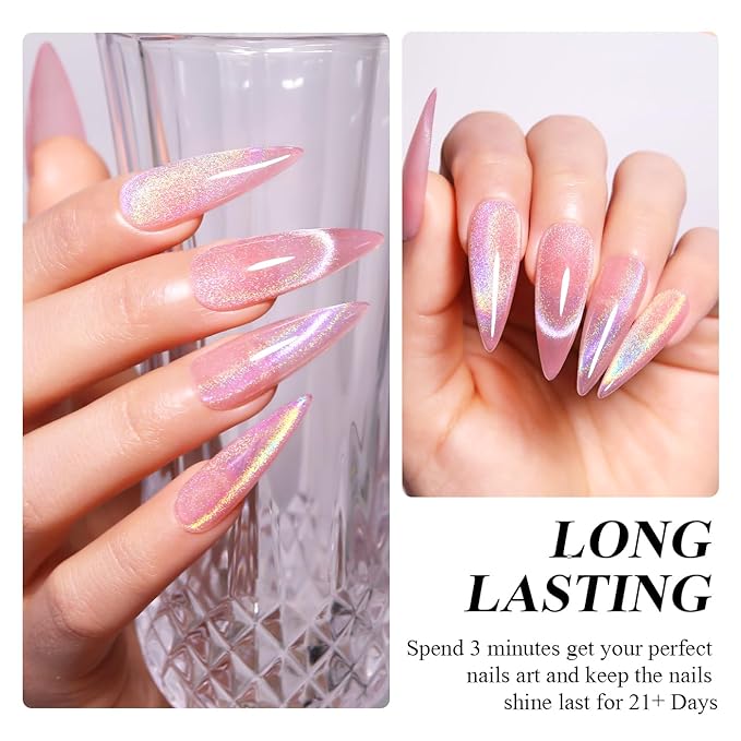 Imtiti Rainbow Cat Eye Gel Nail Polish, 15ML Holographic Glitter Cat Eye Gel Polish with Magnet UV LED Magnetic Gel Nail Polish Iridescent Sparkly Home DIY Manicure Nail Salon Kit