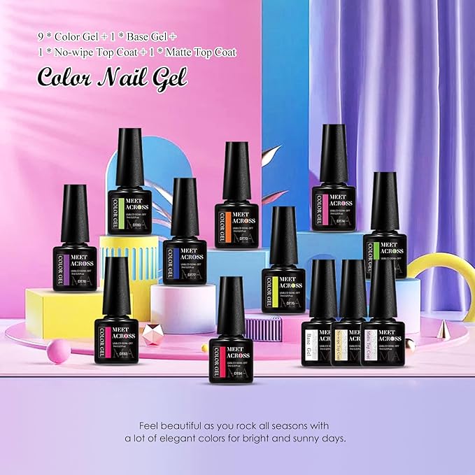 MEET ACROSS 9 Colors Gel Nail Polish + 3PCS Function Gel Nail Polish Kit,Fashion Nail Art Set Design Gifts for Women Manicure Salon (SET13, 12pcs)
