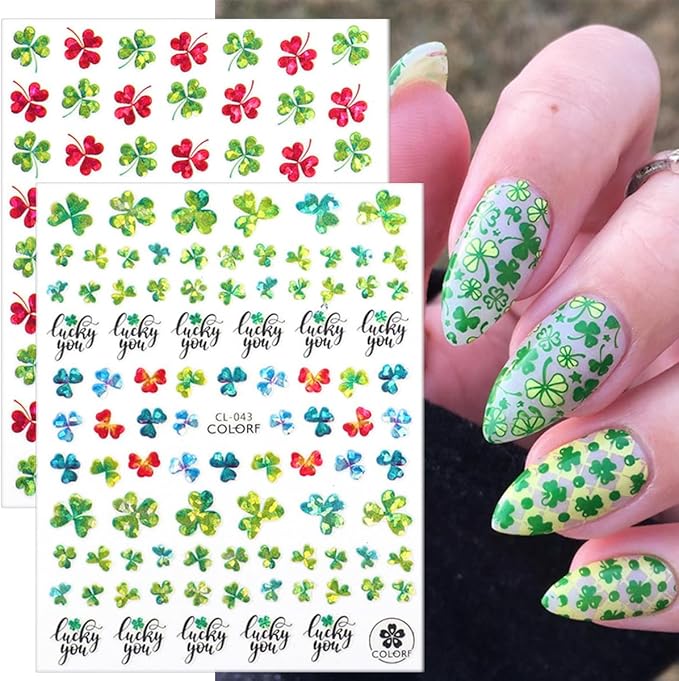 8Sheets St Patricks Day Nail Art Stickers 3D Holographic Shamrock Nails Stickers Self-Adhesive Deisgn Nail Decals Green Lucky Clover of Irish Nail Decorations for Women St. Patrick's Day Manicure Tips