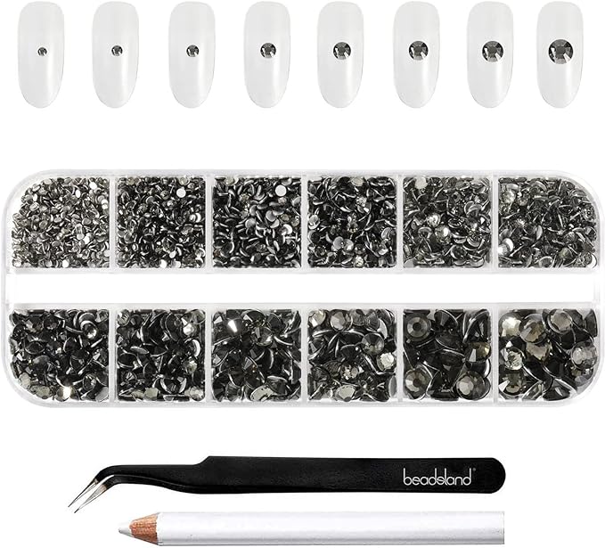 Beadsland Rhinestones for Makeup,8 Sizes 2500pcs Blackdiamond Flatback Rhinestones Eye Gems for Nails Crafts with Tweezers and Wax Pencil,Blackdiamond,SS4-SS30