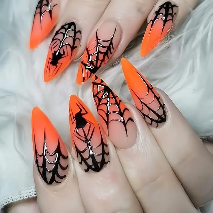 Halloween Press on Nails,Medium Almond Fake Nail with Spider & Spider Web Designs,Orange Nail Tip Acrylic Nails,Full Cover Glossy False Nails | Stick on Nails for Women Halloween Nail Art-24Pcs