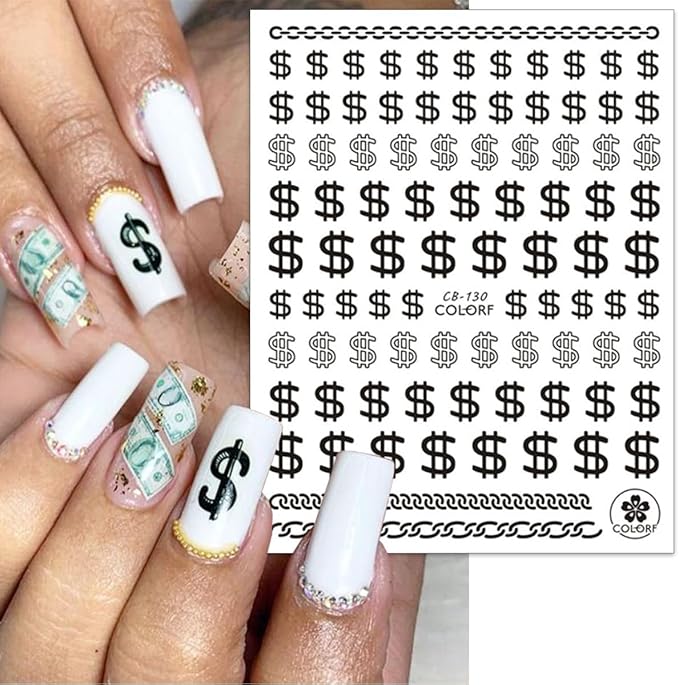 Dollar Nail Stickers 12Sheets Money Nail Art Stickers Decal 3D Self-Adhesive Money Dollar Nail Decals Pegatinas Uñas DIY Black White Gold Silver Design Nail Stickers for Women Girls Manicure…