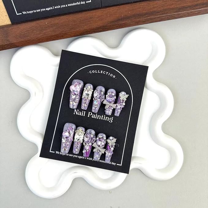 100% Handmade Press on Nails Diamond Long Coffin Fake Nails Purple Glitter False Nails with Rhinestone Design Silver Butterfly Nail Charms Glue on Nails Handmade Nail Press ons for Women Size L