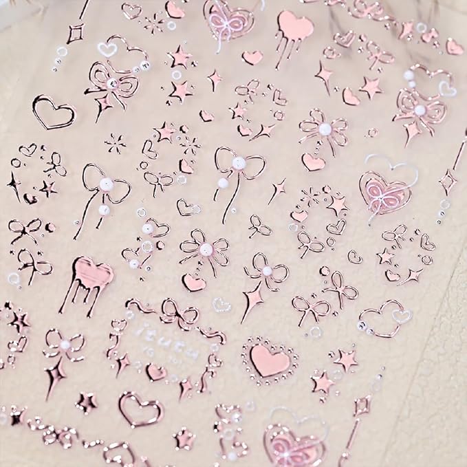 Valentines Day Nail Art Stickers for Nail Art 5D Embossed Bow Nail Stickers with Pink Bow Star Heart Romantic Self Adhesive Design Cute Nail Decals Nail Art Supplies for Women Acrylic Manicure Tips