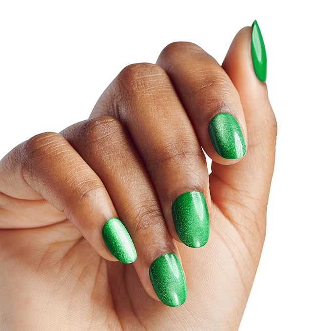 WICKED X KISS Press On Nails, ‘You’re Green?!’, Green, Short Oval, Waterproof, Chip Proof, Smudge Proof, 28 Fake Nails, Pink Gel Nail Glue (2g), Mini Nail File, & Manicure Stick