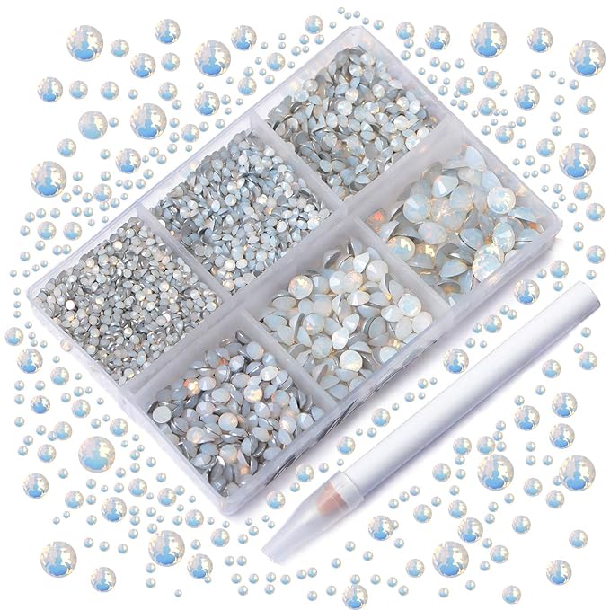 AD Beads 4300 Pieces Flat Back Nail Art Rhinestones Round Beads 6 Sizes (2-6.5mm) with Storage Organizer Box,Rhinestones Picking Pen for Nail Art Phone Decorations Crafts DIY (Opal White)