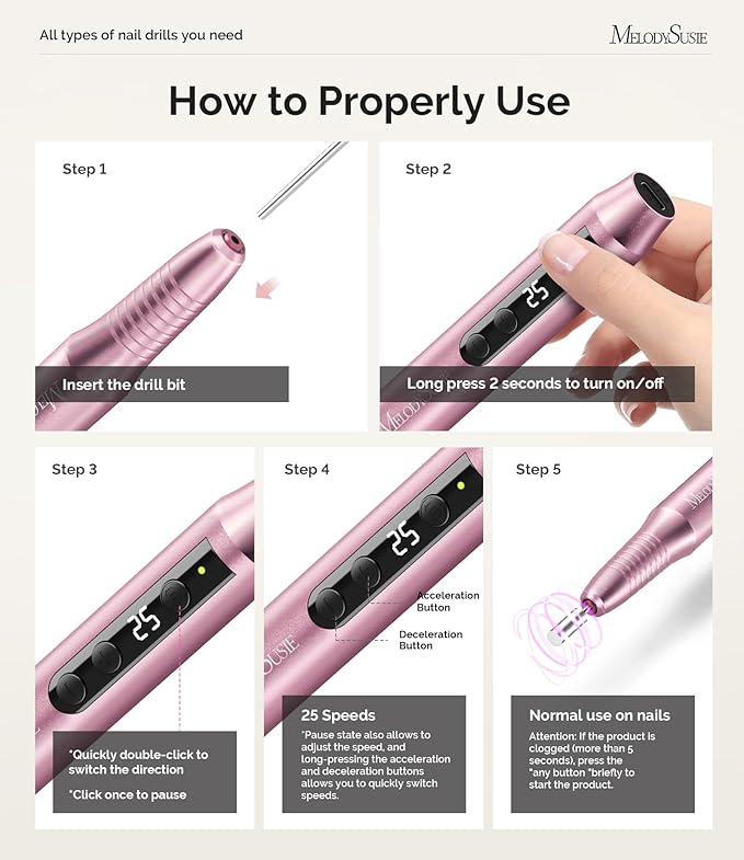 MelodySusie Pen-Shaped Portable Cordless Nail Drill,PC180G 25000RPM Rechargeable Electric File with LED Display for All Nail Care, Manicure Shaping & Acrylic Gel Removal for Nail Artists DIY at Home
