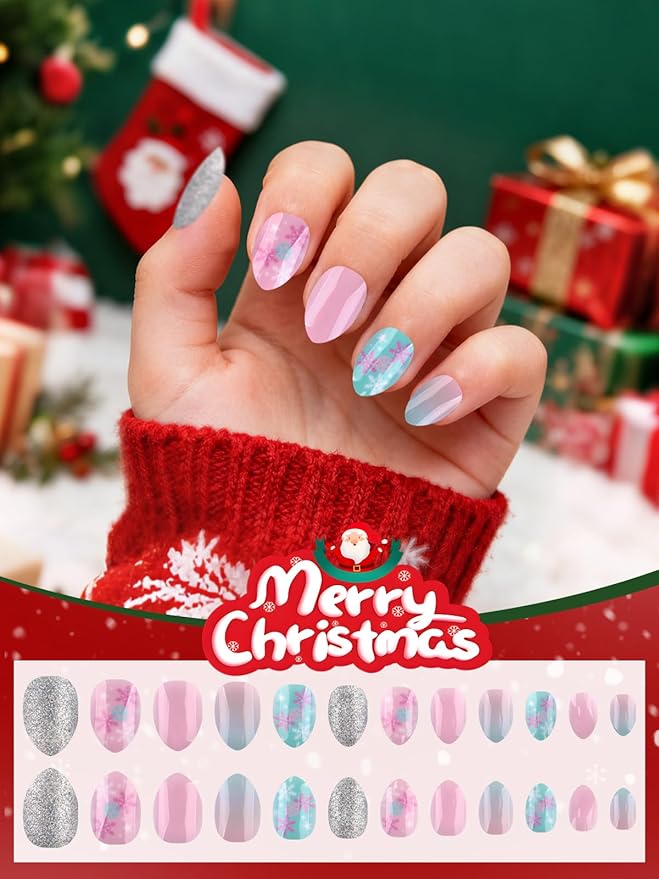 72 Pieces Christmas Press on Nails for Kids, EBANKU 3 Pack Kid Fake Nail Kit Cute Snowman Press on Nails for Girls 7-12 Years with Nail Glue