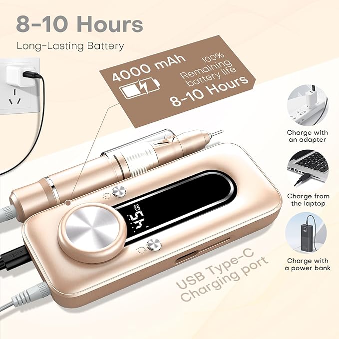 Nail Drill Electric Nail File Kit 45000 RPM Professional Efile Nail Set,Cordless Portable Rechargeable Acrylic Gel Nail Polish Remover Machine Pedicure Manicure Tool with for Salon Home Gold