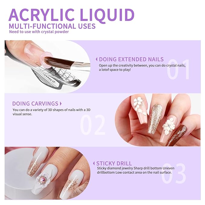 3P 40ml Acrylic Liquid Monomer Kit with Glass Cup – Strong Bond for Acrylic Powder & Nail Tips, Self-Leveling for Smooth Application Sculpting, Salon Quality for Nail Techs & Lovers with Glass Cup
