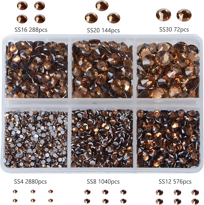 Bymitel 5000 Pieces 6 Mixed Sizes Glue Fix on Glass Rhinestones Round Crystal Gems Flatback for DIY Jewelry Making with one Picking Pen(6-Sizes 5000PCS, Smoked Topaz)