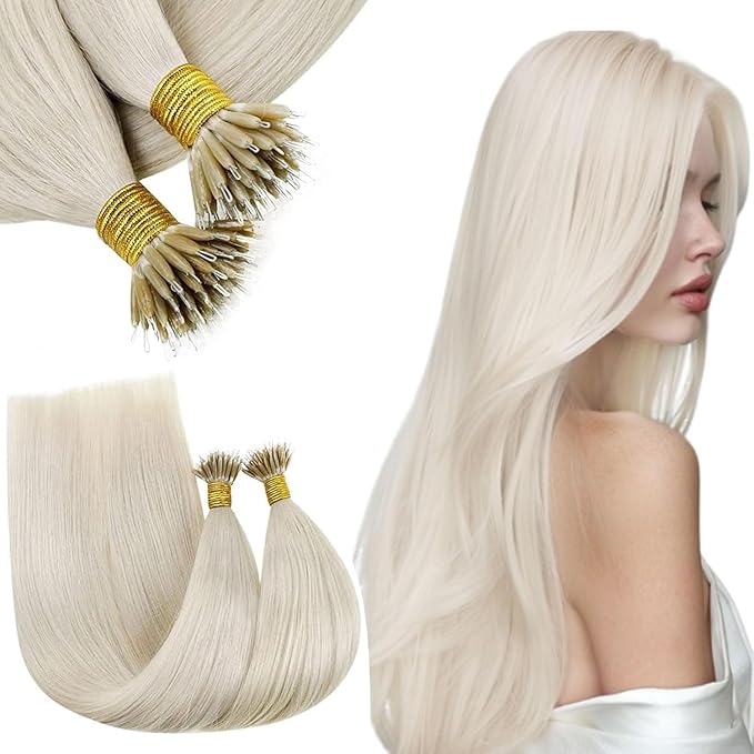 RUNATURE Blonde Nano Bead Hair Extensions Human Hair Straight Natural Ring Pre Bonded Link Extensions Remy Hair 14 Inch 50g 50s