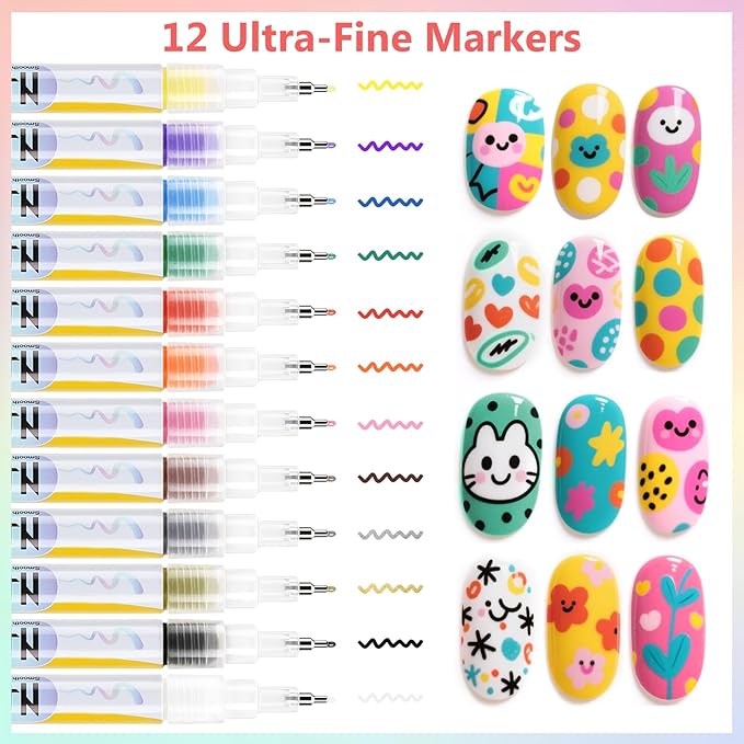 12 Colors Nail Art Pens Set, 3D Nail Polish Pens Quick-Drying Acrylic Paint Markers,For Nail Art Drawing Painting Nail Point Dotting Liner Pen, Nail Design Kit Manicure Tools Home & Salon DIY