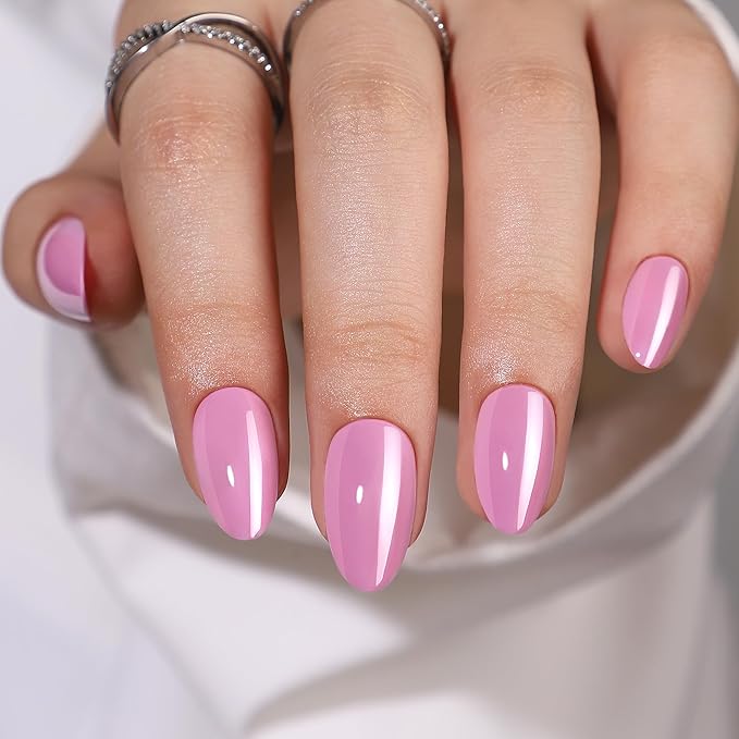 Gel Press On Nails - Pink Almond Short Fake Nails With Glue, 16 Sizes, 32Pcs Reusable Soft Gel False Tips Kit
