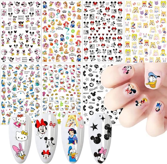 Cartoon Nail Art Stickers Cute Cartoon Nail Decals 3D Self-Adhesive Nail Art Supplies Designer Nail Stickers for Women Acrylic Nails Decoration Accessories 7 Sheets