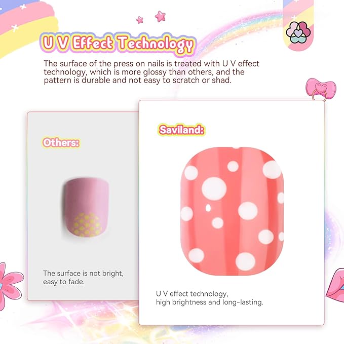 SAVILAND 168 Pieces Press on Nails for Kids 7 Pack Kid Fake Nails Stick on Nails Pre-glue Full Cover Short Acrylic Nail Tips for Children Glitter False Nails Christmas Easter Gifts for 8-12 Year Girls