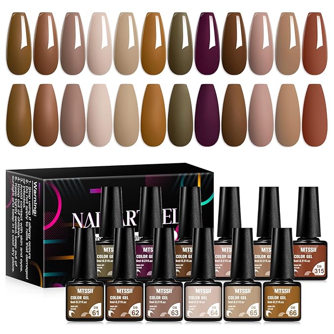 MTSSII 12 Colors Brown Gel Nail Polish Set, Fall Winter Skin Tones Nude Gel Polish Roasted Chestnuts Chocolate Collection Neutral Khaki Gel Nail Kit Nail Art Salon DIY Gift for Women