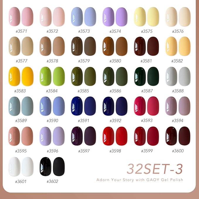GAOY 36 Pcs Gel Nail Polish Set, 32 Colors All Season Gel Polish Kit Red Pink Purple Green Blue with 4 Pcs Soak off Base Glossy Matte Top Coat & Builder for Nail Art DIY Manicure at Home