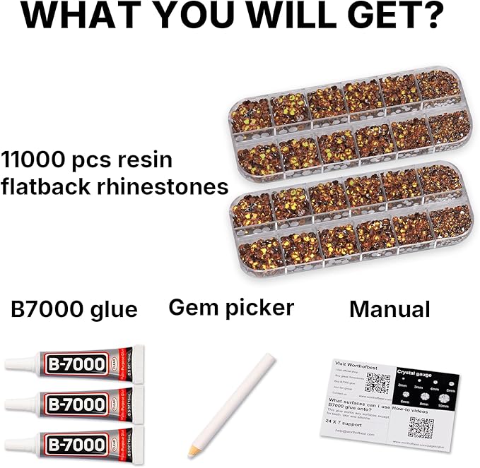 11000Pcs Burnt Orange 2/3/4/5mm Flatback Rhinestones with Glue for Bedazzling Crafting Clothing Clothes Crafts Shoes Nail Art, Resin Flat Back Gems Crystals Diamonds Gemstones Jewels Stones Kit