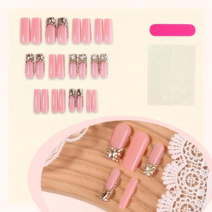 Long Square French Tip Press on Nails Full Diamonds Fake Nail with Full Diamonds Designs False Nails Press Ons Gift for Women 24pcs