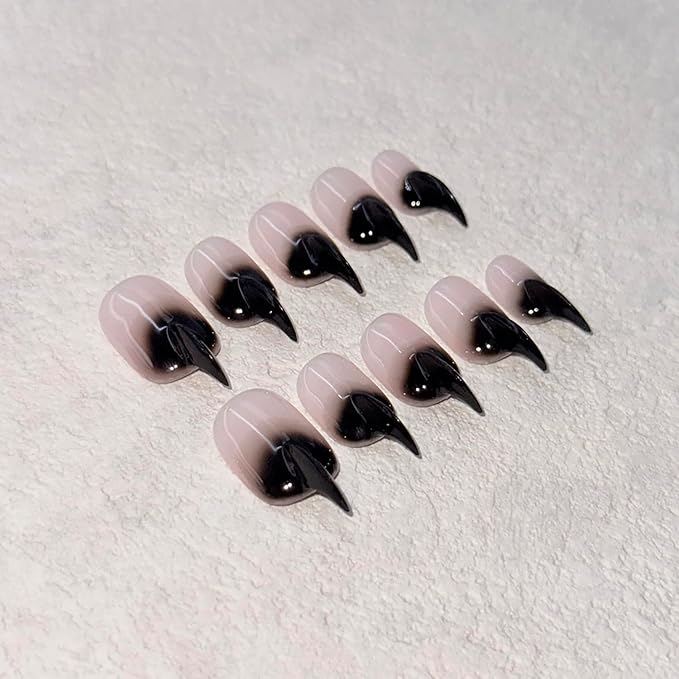 10 Pcs Stiletto Press on Nails Curved Medium Cat Claw Nails Press Ons Unique 3D Black French Tip Cat Claw Handmade Fake Nails Thick Gradient Designs Stick on Nail Glossy Acrylic Nail (S)