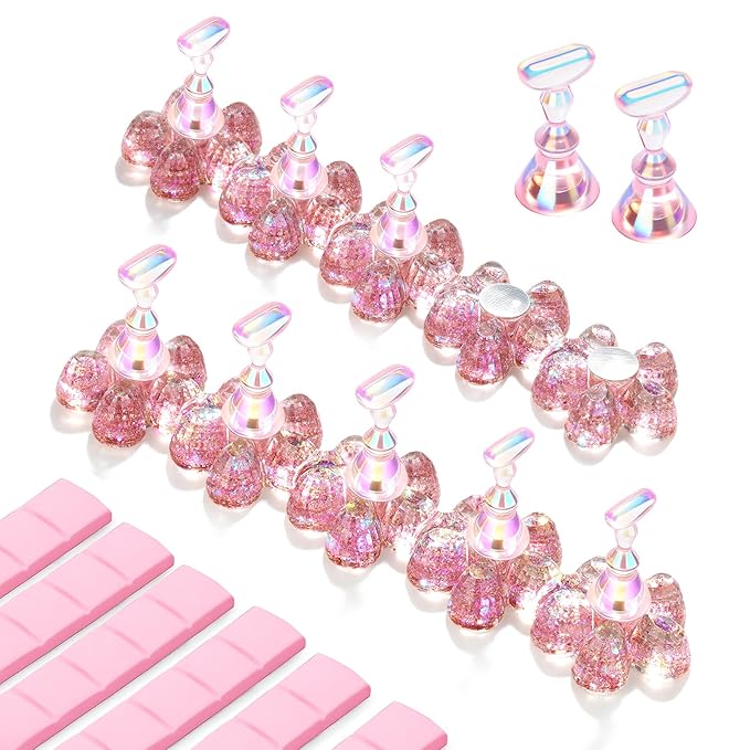 Makartt Nail Stand: Pink Nail Holder for Painting Nails DIY, Magnetic Press on Stand for Art Display Practice, Pink Glitter Flower Fake Holder for Home Salon with Reusable Adhesive Putty