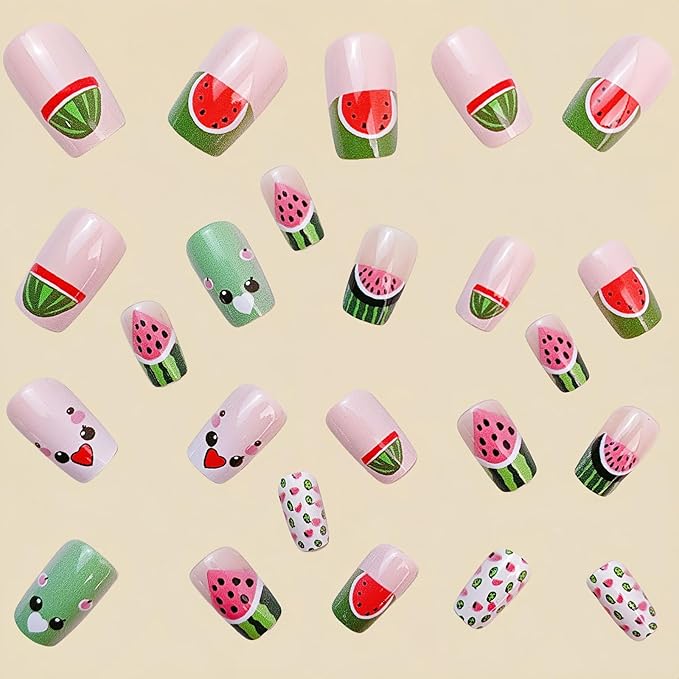 Cute French Tip Press on Nails Short Square Fake Nails with Designs Watermelon Glue on Nails Summer Fruit Acrylic Nails Press ons Glossy Full Cover Stick on Nails for Women Girls 24Pcs
