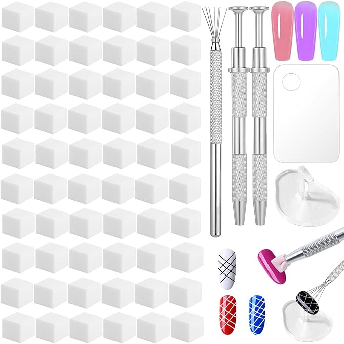 200Pcs Soft Nail Sponges for Ombre,with 2Pcs Grabbing Pen,7-pin Stripe Lines Nail Art Pens,Nail Stand for Display Practice,Acrylic Palette Ombre Nail Tools for Nails Gel Home DIY Salon
