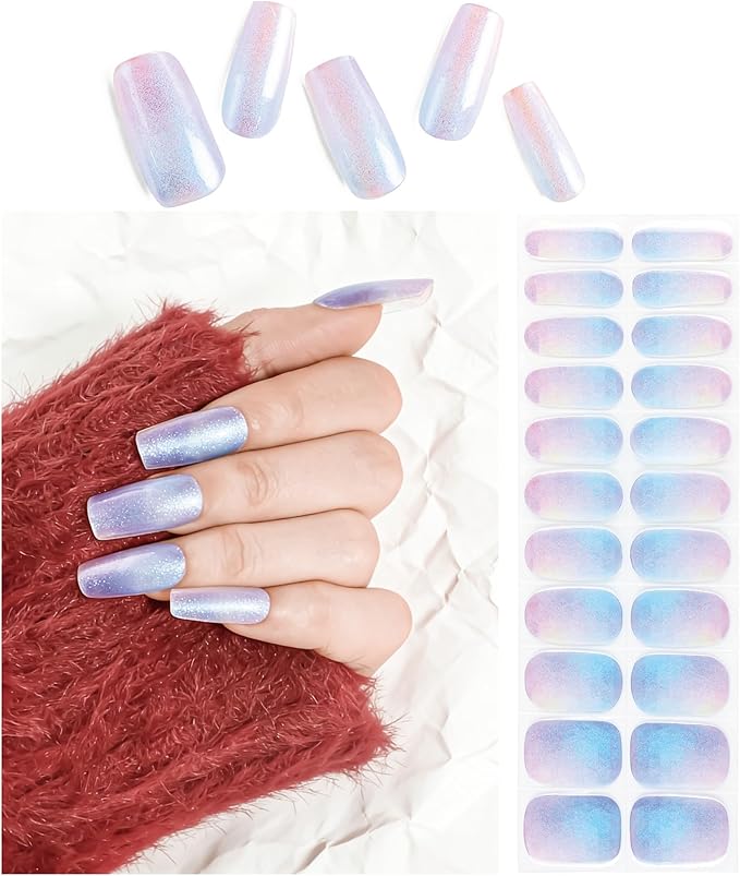 Semi Cured Gel Nail Strips Glazed Donut Blue Gel Nail Stickers with UV/LED Required Long Lasting Gel Nail Stickers Includes 22 Strips 2 Prep Pads, Nail File & Wooden Stick