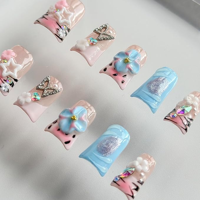 Luxury Press on Nails Short Duck Handmade 3D Unique Reusable ABS Material Fake Nails Pink French Tip False Nails with Designs Flower Butterfly Rhinestones Glossy Glue on Nail Thick Acrylic Nail(S)
