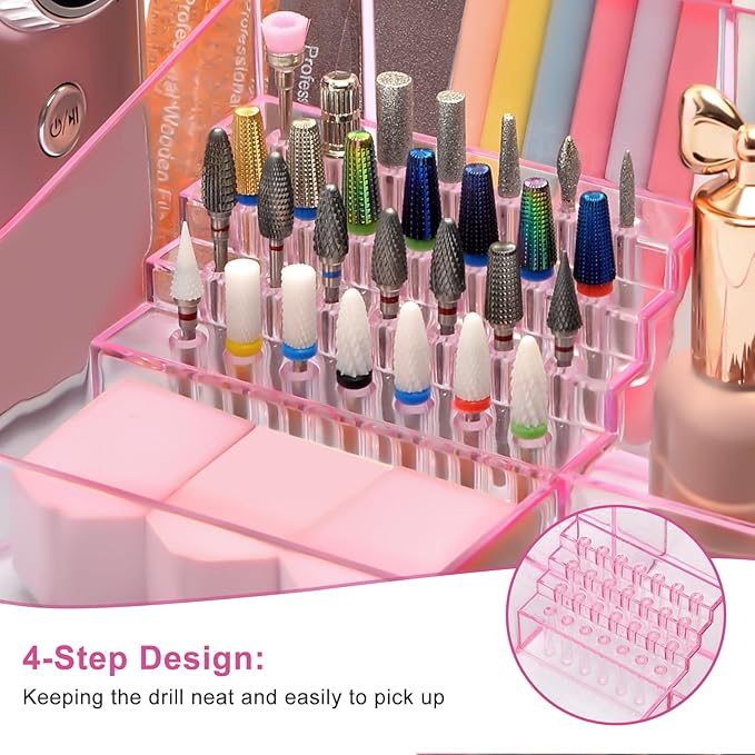 ANRUI Nail Drill Holder, 28 Holes Acrylic Nail Drill Bit Holder, Professional Nail Drill Desk Organizer Case and Storage Box for Manicure Tools - Pink (Not included Tools)