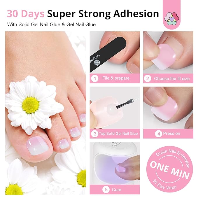 SAVILAND Gel Nail X Kit for Toes: 216 Pcs Toenail Press Ons White Pink Ombre Fake Toe Nails Long Lasting Solid Nail Glue Gel Nail Dryer Acrylic Nail Drill for Quick Nail Extension Starter Home DIY