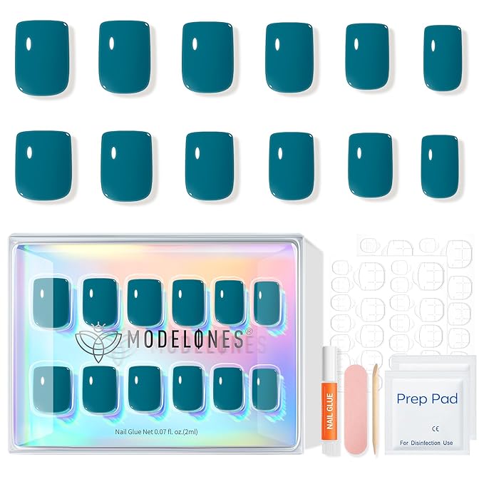 Modelones Hazy Blue Press on Nails, Short Square Fake Nails, Reusable Nail Kit with Nail Glue Adhesive Tabs Mini Nail File, Nails Press Ons 32Pcs16 Sizes, Women Girl Gift