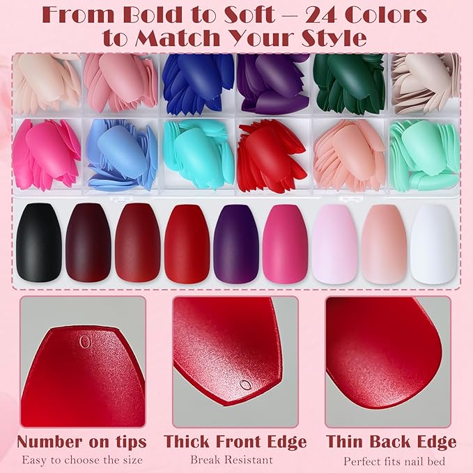 AddFavor Press on Nails Medium Coffin Fake Nails, 576pcs 24 Colors Coffin Press on Nails Full Cover Acrylic Nail Press ons, Matte False Nail Tips for Women Glue on Nail