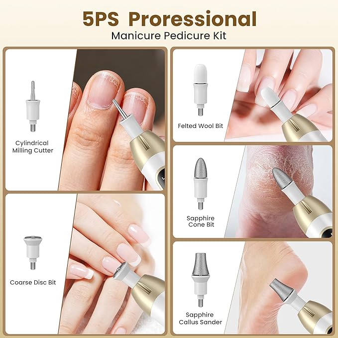 Nail Drill, Electric Nail File & 10-Speed Cordless Nail File, 10 in 1 Kit for Thick Toenails, 2000mAh Rechargeable Portable Manicure Pedicure Kit with LED Display Ideal Gift for Men & Women(Gold)